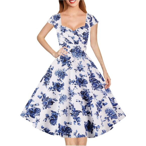 Women White Cap Sleeve 1950s Retro Vintage Cocktail Swing Dresses with Pocket
